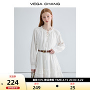 VEGA CHANG白色连衣裙女2024年春季法式优雅花边系带蛋糕裙子