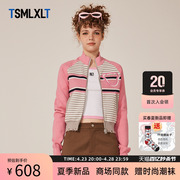 TSMLXLT TT潮牌针织开衫毛衣女立领条纹外套粉红色短款上衣