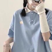 学院日系减龄少女可爱小熊休闲宽松短袖polo领t恤polo衫校服学生