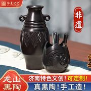 非遗文创工艺品龙山黑陶陶土花瓶摆件创意笔筒两件套中式复古家居