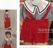 韩国中小童装夏装女童宝宝洋气条纹T恤红色阔腿背带裤2件套装