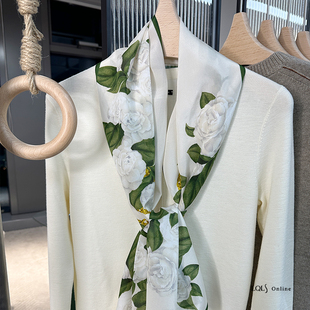 奢贵双绉丨清雅玫瑰100%真丝，印花长条米白丝巾，女装饰发带春小领巾