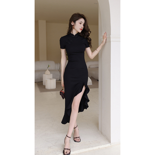 黑色旗袍国风女气质复古新中式改良显身材性感鱼尾收腰修身连衣裙