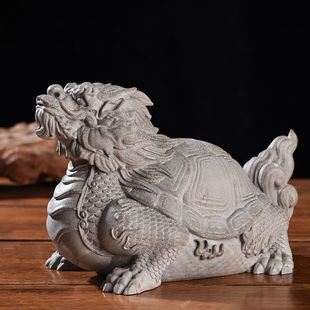 中式招财龙龟鱼缸造景装饰品，创意青砂石书房，桌面瑞兽玄武石雕摆件