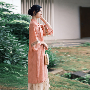 枕梦村庄 醉清风 复古宽松珠子花边袖汉服中国风改良版旗袍式春夏