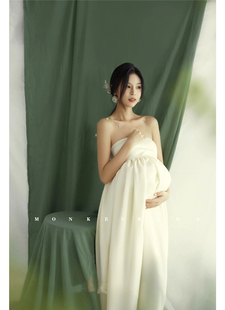 孕妇拍照服装唯美小清新时尚白色礼服抹胸裙孕妈咪照相衣服
