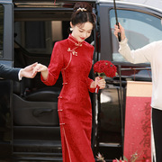 提花三复合红色新娘敬酒服改良时尚，宴会婚礼长款修身年会旗袍
