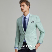 吉约蒙西服外套男士浅绿色，修身商务休闲格子西装上衣单件单西春季