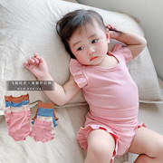 韩国新生婴儿连体哈衣夏女宝宝，木耳边背心包，屁衣高腰护肚短裤套装