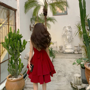 土耳其泰国吊带连衣裙红色性感，露背沙滩裙子雪纺海边度假长裙
