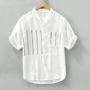 亚麻料短袖T恤男夏装小立领体恤潮流条纹拼接POLO衬衫棉麻布衣服