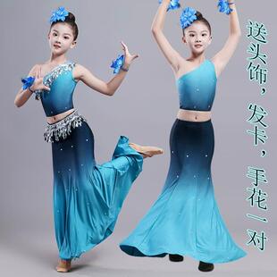 六一儿童傣族舞蹈演出服装孔雀舞表演渐变艺考鱼尾练功练习裙女童