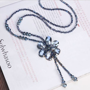 韩版时尚优雅水晶项链毛衣挂链，女长款欧美夸张大牌，花朵流苏装饰链