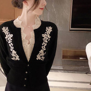 香港TIMO设计感上衣2023刺绣高腰针织开衫修身外穿毛衣女
