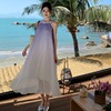 沙滩裙海边度假超仙露肩挂脖紫色渐变连衣裙宽松显瘦仙女百褶长裙