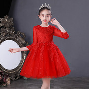 儿童公主裙礼服钢琴表演服女童红色蕾丝蓬蓬裙白色童装长袖连衣裙