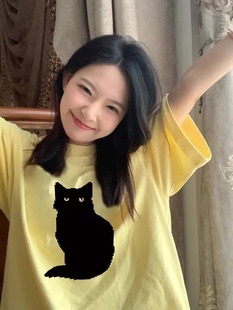 纯棉猫咪印花设计感短袖，t恤女2024夏季宽松黄色上衣半袖