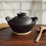 日本进口独步炎手工黑釉印花文陶土锅炖锅，煲仔饭砂锅日式有盖