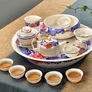 青花瓷蜂窝玲珑茶具套装，镂空喝茶整套陶瓷，功夫茶具实木茶盘配件