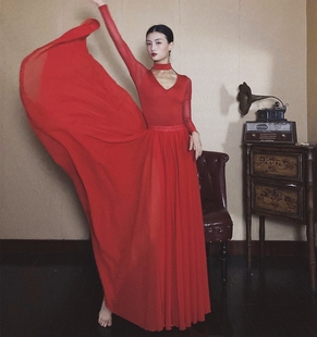 WYZ盖盖中国大红色舞蹈服V领性感气质表演服舞蹈裙网纱连体衣
