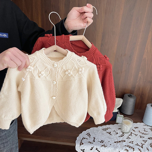 女宝宝立体质感菠萝纹毛衣女，婴儿春装毛线衣(毛，线衣)韩版女童针织开衫外套