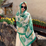复古绿色花卉旅游防晒丝巾女夏季薄款民族风围巾披肩外搭超大纱巾