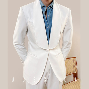 juesion青果领白色西装套装男商务绅士修身一粒扣结婚礼新郎礼服
