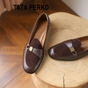 tataperko联名英伦风小皮鞋女真皮粗跟单鞋棕色，乐福鞋平底穆勒鞋