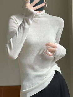 白色长袖100羊毛堆堆领针织衫，女秋叠层薄款修身内搭打底毛衣高领