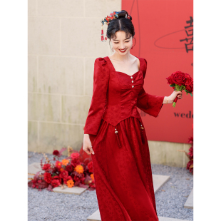 新中式敬酒服2024新娘酒红色套装订婚礼服裙子结婚衣服回门服