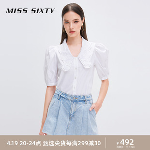 Miss Sixty白色短袖衬衫女法式花边领甜美减龄泡泡袖优雅气质小衫