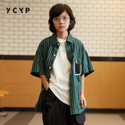 YCYP童装日系休闲宽松男童短袖衬衫夏季大童帅气儿童格子衬衣