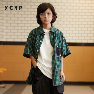 ycyp童装日系休闲宽松男童短袖，衬衫夏季大童帅气儿童格子衬衣
