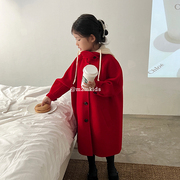 韩版2023秋冬儿童纯色长款外套圣诞节新年羊绒大衣~带帽双面呢