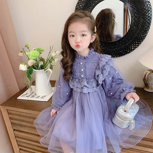 韩国童装女童连衣裙春秋洋气宝宝，紫色长袖公主，裙女孩网红蓬蓬纱裙
