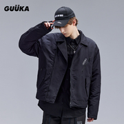 GUUKA冬季黑色翻领棉衣男 青少年机能风多口袋短款反光外套宽松