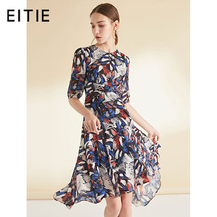 EITIE爱特爱女装春款时尚五分袖不规则优雅印花连衣裙中长款