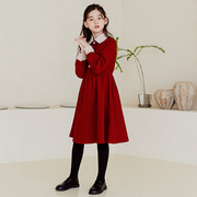 女童红色连衣裙秋季2023洋气儿童，休闲翻领裙子，女孩童装公主裙