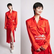 高级定制明星李宇春同款红色真丝连衣裙裹身优雅时尚大气开叉长款