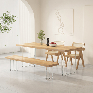 亚克力悬浮家用餐桌北欧实木餐桌椅组合简约原木书桌长方形办公桌