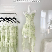 薄荷曼波法式连衣裙2024女夏季仙女绿色，套装裙子带胸垫吊带裙