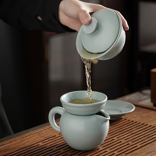 天青汝窑盖碗茶杯单个不烫手开片可养功夫，茶具手工冰裂纹三才盖碗