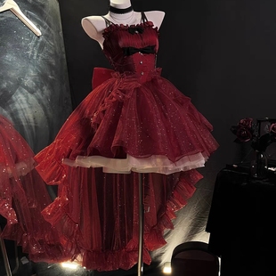  北极星轻礼服高级星空细闪公主裙红色礼服裙Lolita连衣裙