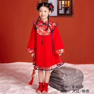 女童毛呢裙2024春节拜年裙6319大红色连衣裙国风公主裙