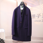 秋冬立领羊毛呢子外套紫色大衣，商务修身中长款夹棉厚实男上衣d36