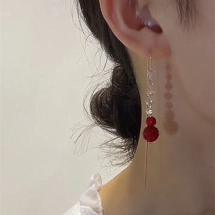 2024年潮红色葫芦流苏耳线高级感轻奢长款锆石水晶耳环耳饰女
