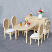 1 12娃娃屋dollhouse欧式迷你家具模型麻布椅diy实木橡木桌椅套装