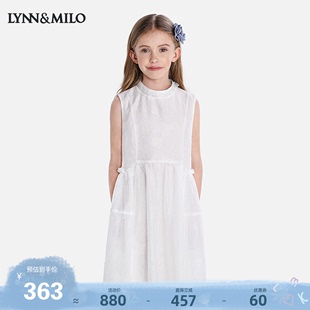 lynnmilo琳麦罗女童连衣裙，无袖夏季2024优雅白色，蝴蝶提花背心裙