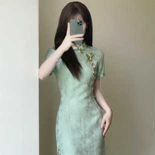 Sayincan新中式民国风绿色短袖改良旗袍女夏季小个子气质连衣裙潮