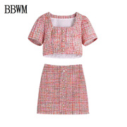 bbwm夏季欧美女装时尚，半身裙气质小香风休闲减龄上衣套装